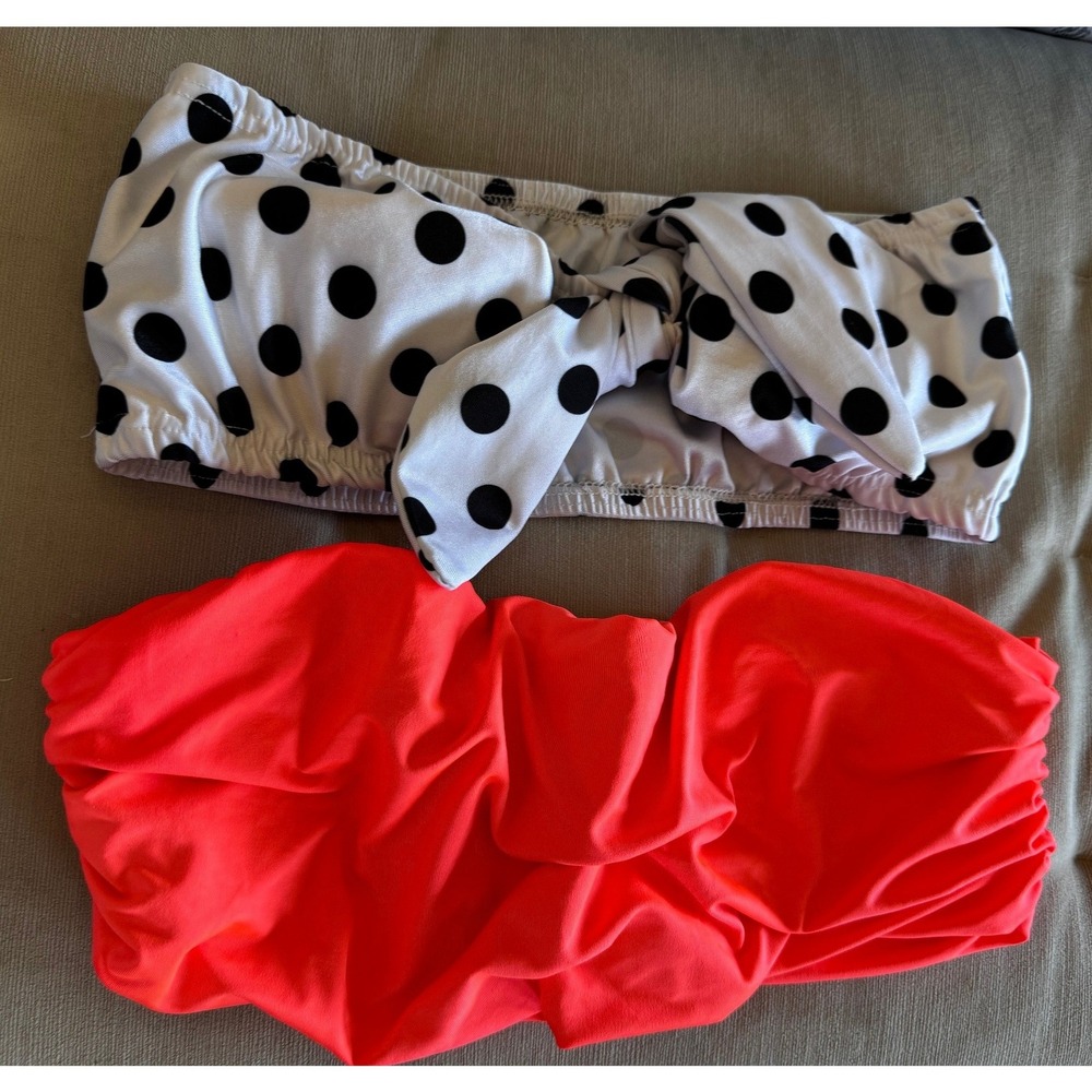Windsor Women Large Bandeau Bikini Top Lot 2 White Black Polka Dot Tie Orange